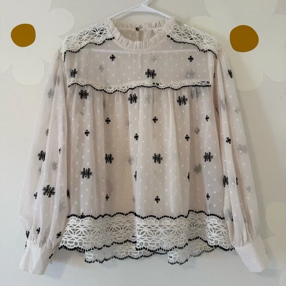 EUC Bohme Sheer Cream and Black Embroidered Long Sleeve Mock Neck Blouse - Picture 5 of 12